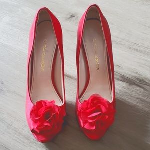 Caparros Serenity Red Satin Peep Toe Pumps